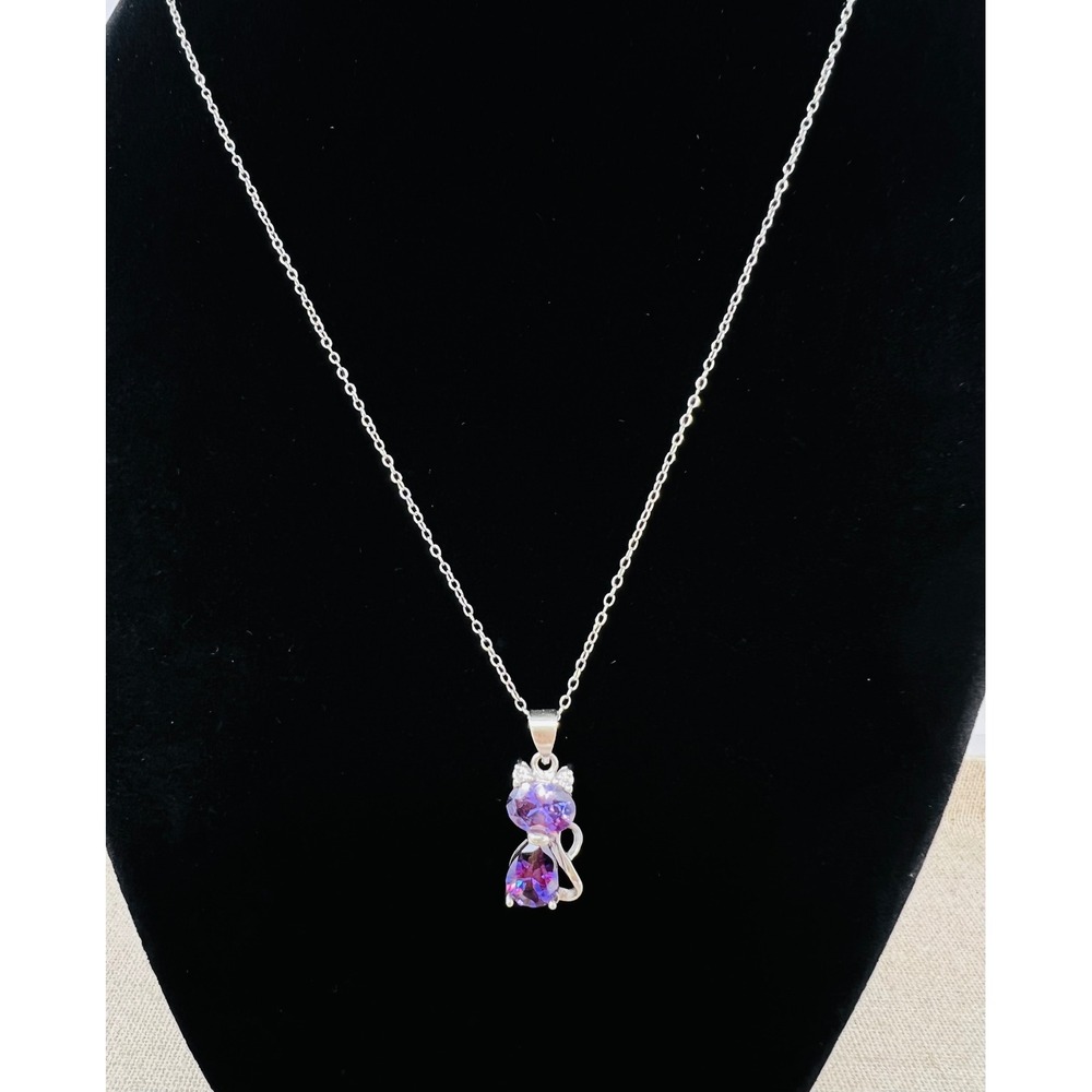 Sterling Silver Amethyst Purple Cat Pendant Necklace Feline Jewelry